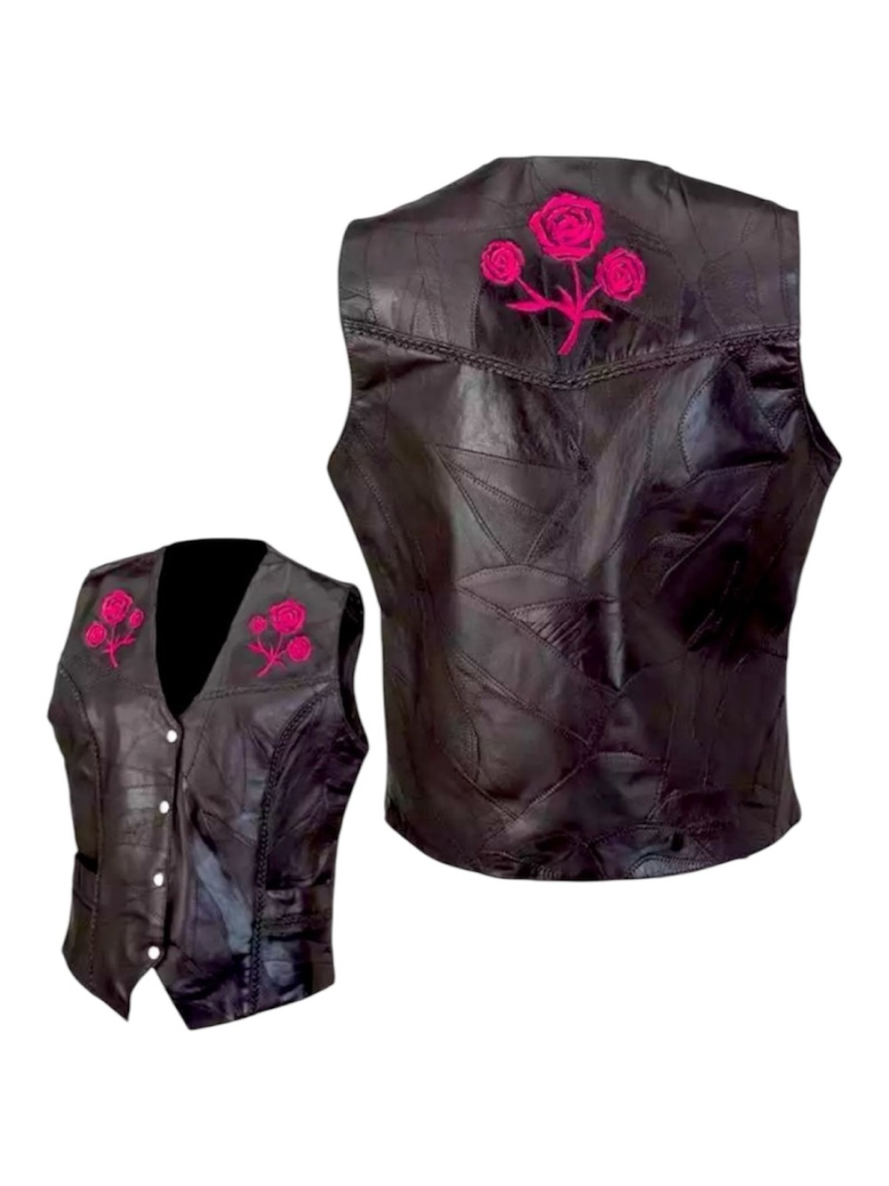 Live Ride Rock Buffalo Leather Black Motorcycle Vest Pink Rose Cutouts sz Medium
